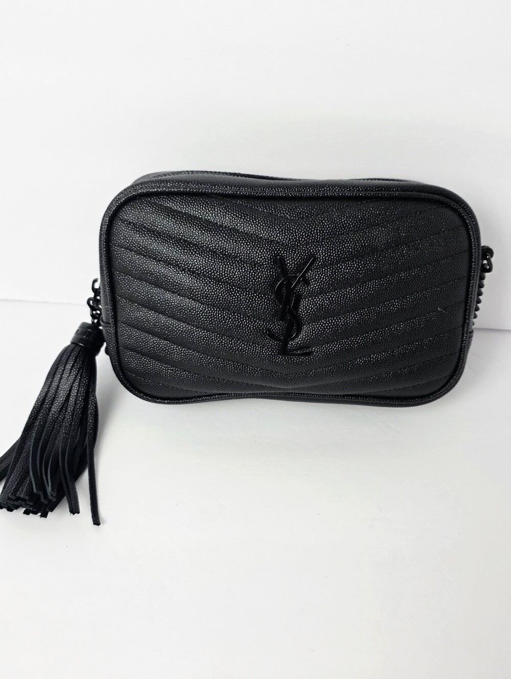 YVES Saint Laurent Black Chevron Quilted Grained Leather Mini Lou Camera Bag